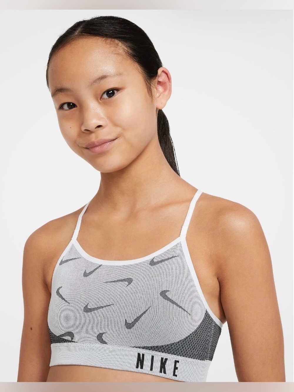 Girls’s Nike Dri Fit Light Gray & Black Swoosh Knit Sports Bra Sz Lg